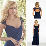 Navy Blue Long Open Back Cap Sleeve Sexy Chiffon Bridesmaid Dresses HZ0527