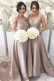 Silver Long A Line Taffeta Bridesmaid Dresses, Best Elegant V neck Bridesmaid Gown HZ0527