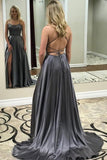 Grey Spaghetti Strap A Line Prom Dress Sexy Long Split Evening Dresses HZ0527