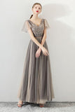 A Line Tulle Long Appliques Beaded Prom Dresses, Grey Formal Evening Dress HZ0527