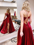 Promfast V Neck Burgundy Long Prom Dresses With Slit, Formal Evening Dresses HZ0527