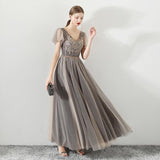A Line Tulle Long Appliques Beaded Prom Dresses, Grey Formal Evening Dress HZ0527