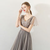 A Line Tulle Long Appliques Beaded Prom Dresses, Grey Formal Evening Dress HZ0527