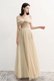 Charming Off the Shoulder A Line Tulle Long Prom Dresses With Beading HZ0527
