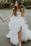 A-Line Strapless Asymmetric Ruffles Wedding Dress with Appliques HZ0527