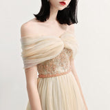 Charming Off the Shoulder A Line Tulle Long Prom Dresses With Beading HZ0527