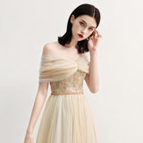 Charming Off the Shoulder A Line Tulle Long Prom Dresses With Beading HZ0527