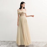 Charming Off the Shoulder A Line Tulle Long Prom Dresses With Beading HZ0527