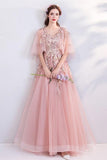 Princess A Line Pink Long Tulle Appliques V Neck Prom Dresses HZ0527