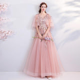 Princess A Line Pink Long Tulle Appliques V Neck Prom Dresses HZ0527