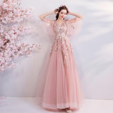 Princess A Line Pink Long Tulle Appliques V Neck Prom Dresses HZ0527