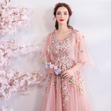 Princess A Line Pink Long Tulle Appliques V Neck Prom Dresses HZ0527