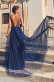 Promfast Shiny A Line V Neck Navy Blue Backless Prom Dresses, V Back Navy Formal Evening Dresses HZ0527