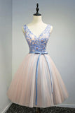 A Line Lace Top Belt V Neck Short Homecoming Dresses HZ0527