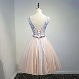 A Line Lace Top Belt V Neck Short Homecoming Dresses HZ0527