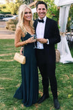 Charming A-Line V-Neck Spaghetti Straps Backless Floor-Length Dark Green Prom Dress HZ0527