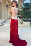 Sheath Red Cap Sleeve Sweetheart Front Slit Long Prom Dresses With Rhinestone HZ0527