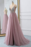 Dusty Pink A Line Tulle Prom Dress, V Neck Long Graduation Dress with Rhinestone HZ0527
