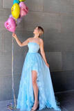 Promfast Light Blue Elegant Strapless High Low Long Prom Dresses With Appliques HZ0527