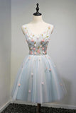 A Line Light Blue Floral Short V Neck Tulle Homecoming Dresses HZ0527