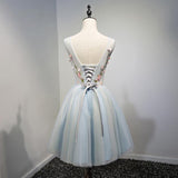 A Line Light Blue Floral Short V Neck Tulle Homecoming Dresses HZ0527