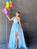 Promfast Light Blue Elegant Strapless High Low Long Prom Dresses With Appliques HZ0527