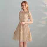 Gold Sequins A Line Short Tulle Half Sleeves Homecoming Dresses HZ0527