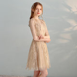 Gold Sequins A Line Short Tulle Half Sleeves Homecoming Dresses HZ0527