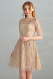 Gold Sequins A Line Short Tulle Half Sleeves Homecoming Dresses HZ0527