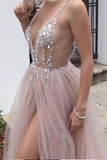 Dusty Pink A Line Tulle Prom Dress, V Neck Long Graduation Dress with Rhinestone HZ0527