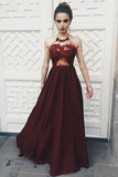 Sexy Halter Dark Burgundy Long Sleeveless Prom Dresses with Appliques HZ0527