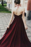 Sexy Halter Dark Burgundy Long Sleeveless Prom Dresses with Appliques HZ0527