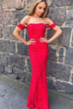 Red Mermaid Sexy Long Strapless Lace Prom Gowns,Off the Shoulder Evening Dress HZ0527