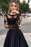 Two Piece Black A Line Lace Top Long Sleeves Formal Prom Dress HZ0527