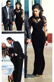 Two Piece Black A Line Lace Top Long Sleeves Formal Prom Dress HZ0527