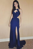 Sexy Royal Blue Chiffon Sweep Train Split Front Long Prom Dresses HZ0527