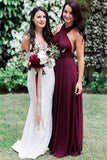 Fashion Burgundy A-Line Halter Backless Chiffon Bridesmaid Dresses with Sash HZ0527