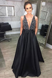 Black Deep V Neck Beading Prom Dress, A Line Evening Dresses With Pockets HZ0527