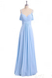 Chiffon Sky Blue Long Bridesmaid Dress, Off Shoulder Spaghetti Prom Dress HZ0527
