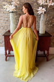 Flowy Yellow Chiffon Long Prom Gown Sexy Backless Evening Dresses HZ0527