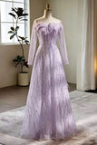 Beautiful Off The Shoulder Feather Appliqu¨¦ Light Purple Long Prom Dresses HZ0527