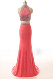 Watermelon Beaded Long Sheath Modest Prom Party Dresses HZ0527