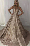 Sparkly V-Neck Sleeveless Long Burgundy Prom Dress with Sequin Evening Dress HZ0527