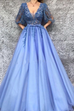 A-Line V-Neck Half Sleeves Tulle Prom Dress with Appliques HZ0527