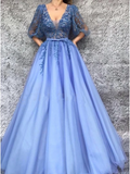 A-Line V-Neck Half Sleeves Tulle Prom Dress with Appliques HZ0527