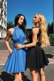 Cute A Line Open Back Satin Blue Short Homecoming Dresses with Pockets HZ0527