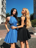 Cute A Line Open Back Satin Blue Short Homecoming Dresses with Pockets HZ0527