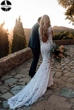 Promfast 2025 Cheap Long Sleeve Lace Wedding Dress, V Neck Boho Wedding Dresses HZ0527