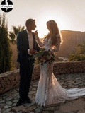 Promfast 2025 Cheap Long Sleeve Lace Wedding Dress, V Neck Boho Wedding Dresses HZ0527