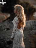 Promfast 2025 Cheap Long Sleeve Lace Wedding Dress, V Neck Boho Wedding Dresses HZ0527